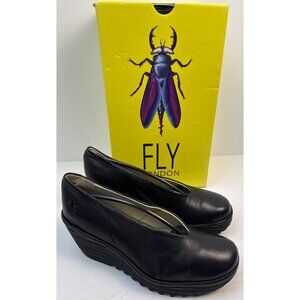 Fly London Women's Yaz Mousse Ballerina Wedge Black Leather Size 36 US 5.5